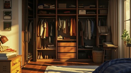 Modern Walk-In Closet Design with Wooden Shelving and Storage