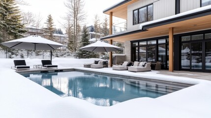 A tranquil backyard reveals a swimming pool blanketed in snow, surrounded by frosty trees and a luxurious home, capturing the essence of a cold winter day
