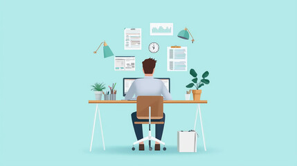 Illustration of a person working at a desk with charts and documents, showcasing a modern workspace and productive environment.