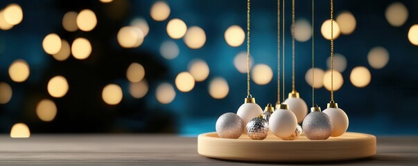 Baby mobile with Christmas ornaments and gentle lighting, festive and peaceful, 3D illustration - Powered by Adobe