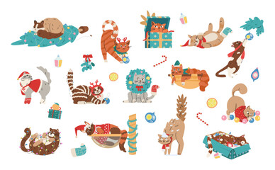 Fototapeta premium Christmas funny cats flat vector illustrations set isolated on white. Cute cats in sweaters and scarfs, deer antlers and wreath playing with garlands, Christmas toys and tree.