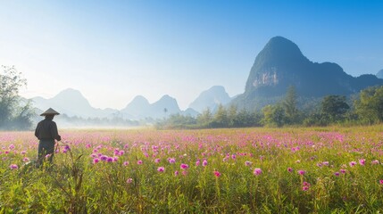 Fototapeta premium Serene Thai Farmer Tending Colorful Flower Field with Mountain View under Clear Blue Sky, Detailed Photography