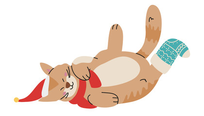 Cute cat wearing Santa hat, scarf and one sock laying on back flat vector illustration isolated on white.