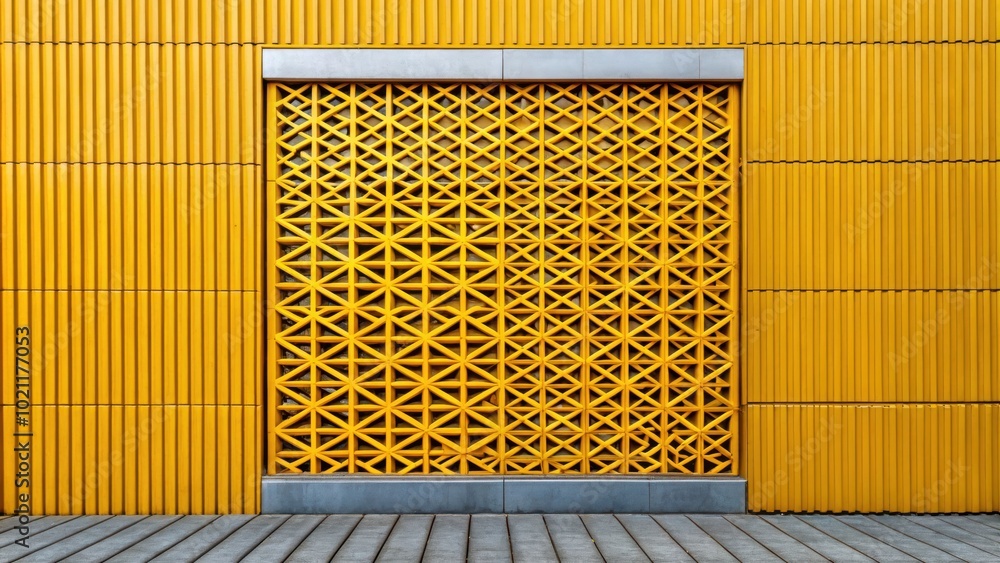 Aufkleber A modern architectural facade with a geometric patterned window featuring a grid of intersecting lines, showcasing a vibrant yellow color palette and a clean, contemporary aesthetic.