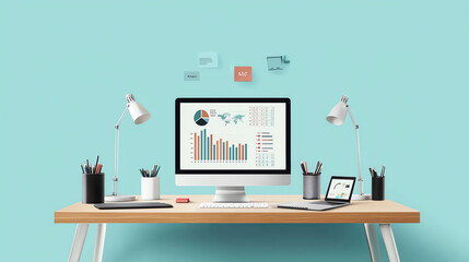 Modern workspace featuring a computer with graphs, desk accessories, and a fresh turquoise background for productivity and inspiration.