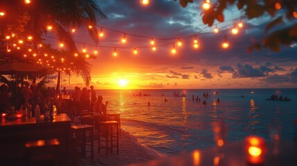 Obraz premium Restaurant in side of beach decor lights evening time in front of sea