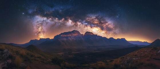 Starry night over mountainous landscape with the Milky Way glowing brilliantly in the night sky.