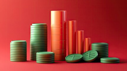 A vibrant arrangement of green and orange coins stacked on a red background, symbolizing finance and investment.