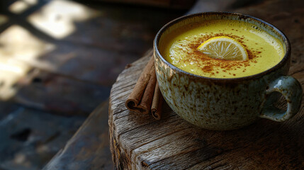 The warm, golden turmeric latte is served in a rustic ceramic cup, topped with a vibrant lemon slice, offering a cozy experience on a vintage wooden surface.