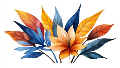 Naklejka premium Colorful tropical blooms with bold, fiery hues, hand-painted watercolor style, ideal for summer decor and botanical illustrations