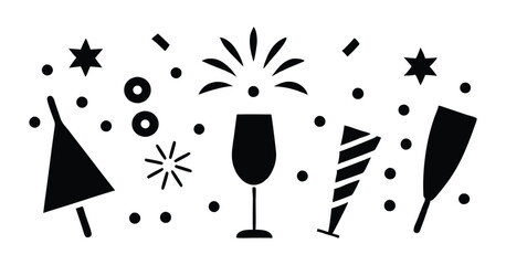 Fototapeta premium New Year Eve Celebration Silhouette vector, Party Icons with Clock, Champagne, and Balloons