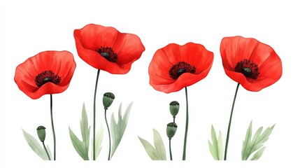 Obraz premium Bright red watercolor poppies in full bloom, lush green foliage, ideal for romantic designs, floral patterns, or nature-themed stationery