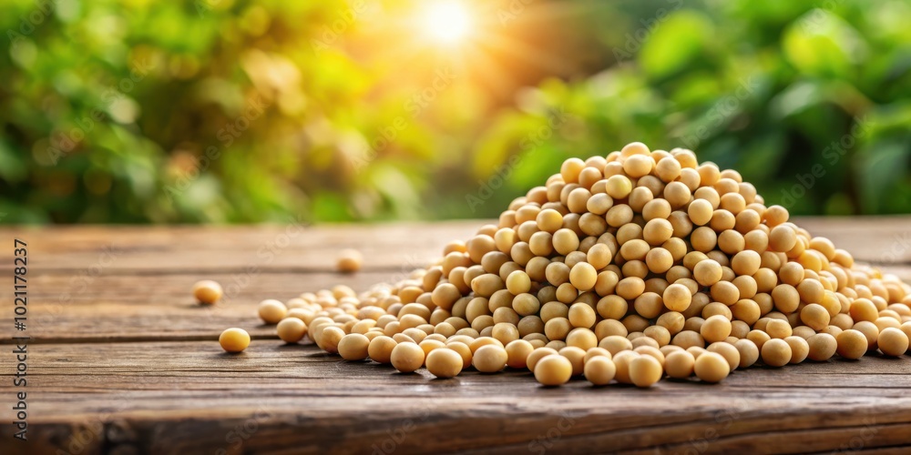 Poster soybeans stacked on wooden table in close up view for agriculture concept
