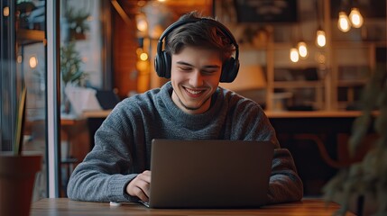 Obraz premium Young Caucasian male in headphones enjoying music while working on a laptop in a cozy café setting.