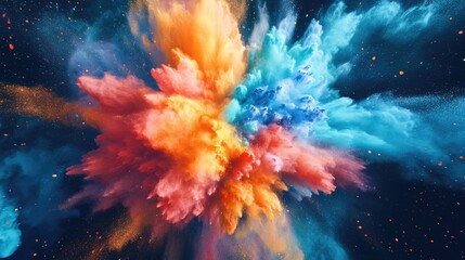 Fototapeta premium A vibrant explosion of colorful powder in shades of orange, blue, and pink, creating a dynamic and energetic visual impact.