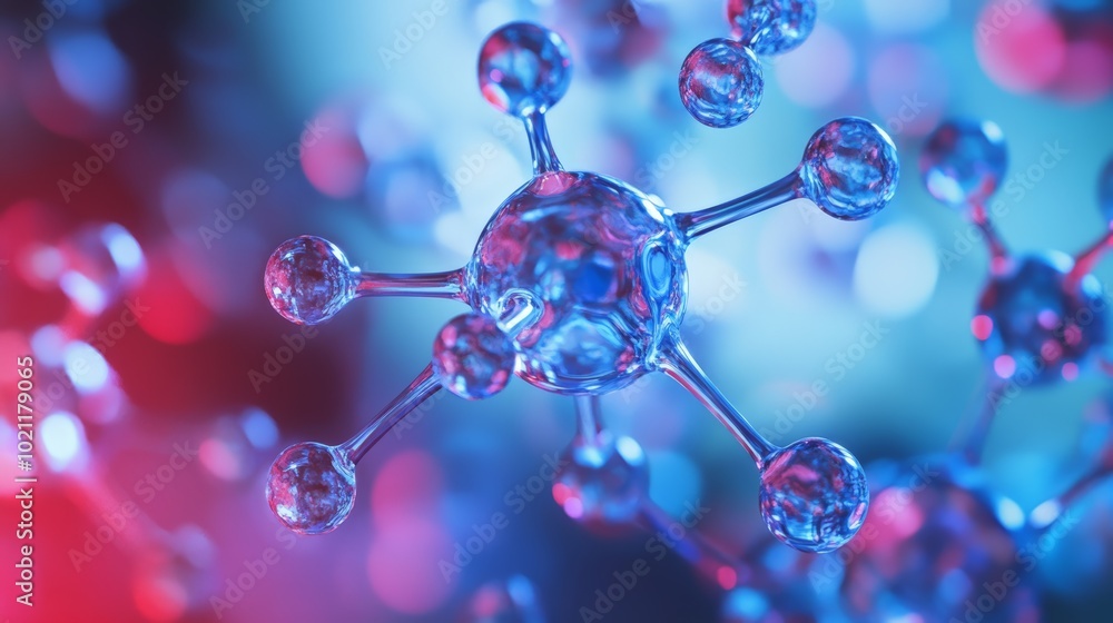 Wall mural a microscopic view of a water molecule's structure in vivid blue and red hues, demonstrating the com