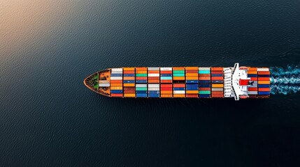Container ship carrying goods across the calm ocean, a snapshot of modern maritime trade from above