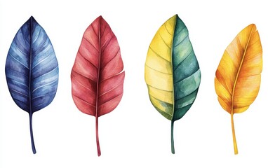 Colorful tropical watercolor leaves, isolated on white, perfect for botanical patterns, eco-friendly designs, or nature-themed decor