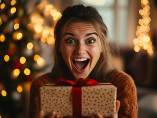 Glückliche Frau mit Weihnachtsgeschenk und weihnachtlichem Hintergrund, Überraschungsgeschenk zu...