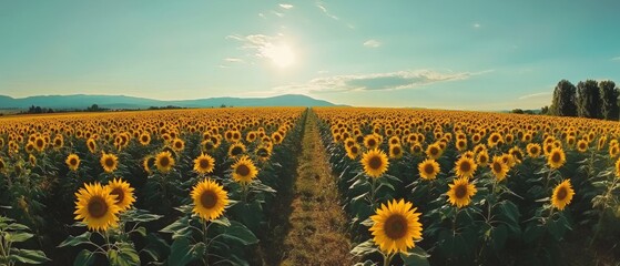 Fototapeta premium Vast sunflower field under a bright sun and clear sky, creating a vibrant and serene landscape.