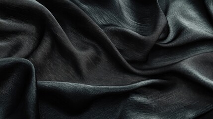 Close-up of luxurious black silk fabric showcasing soft folds and smooth texture.
