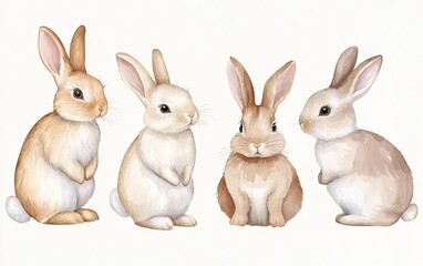 Fototapeta premium Adorable watercolor rabbits in various poses, soft and detailed, perfect for Easter designs, childrens illustrations, or animal-themed decor