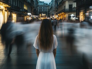 A young woman standing alone in a crowded city street, with blurred, faceless figures rushing past her, feeling invisible and overwhelmed.