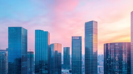 Obraz premium Sunset casting warm hues on a cityscape of glass skyscrapers, blending natural beauty with urban design