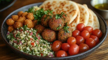 Colorful Mediterranean mezze platter featuring hummus, falafel, tabbouleh, and pita bread, garnished with fresh parsley and drizzled with olive oil
