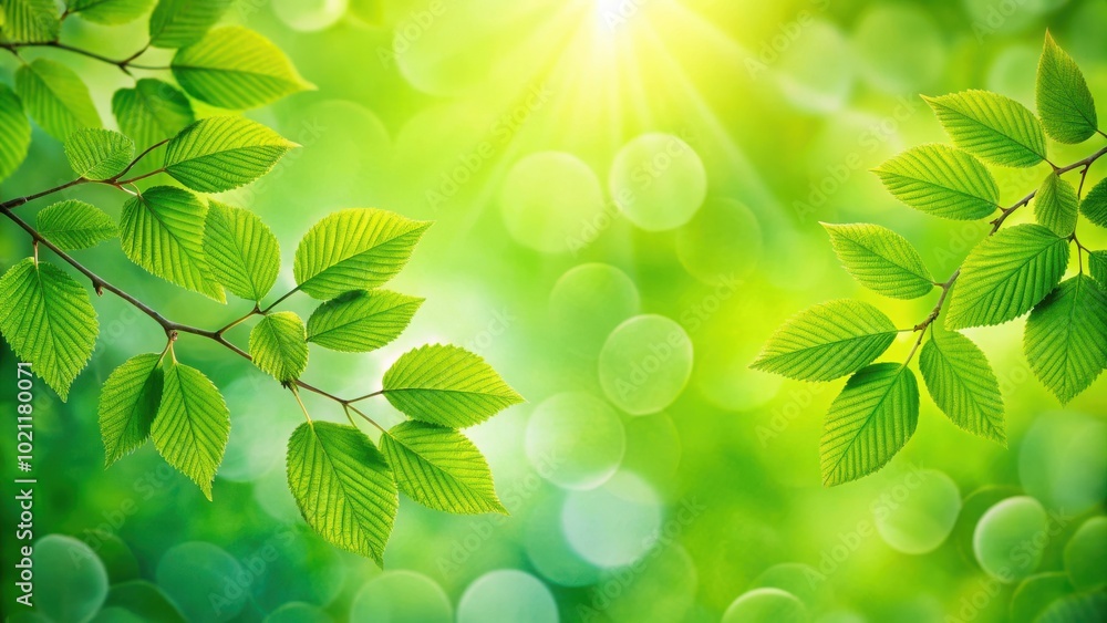 Aufkleber Vibrant Spring Green Leaves with Soft Bokeh Background for Nature and Environment Concepts