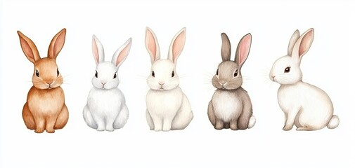 Fototapeta premium Charming watercolor bunny collection, featuring fluffy rabbits in different poses, ideal for animal-themed branding, childrens products, or cute decor