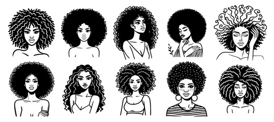 collection of black women with natural curly hairstyles in black vector