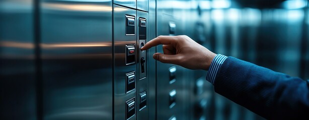 Closeup of a travel locker door with a hand reaching out to unlock it, the metallic surface reflecting natural light, creating a sense of action and realism