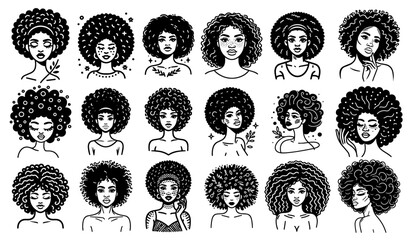 black women with natural curly and afro hairstyles set in black vector