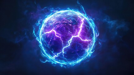 A vibrant, electric energy sphere glows with blue and purple lightning, creating a dramatic visual effect.