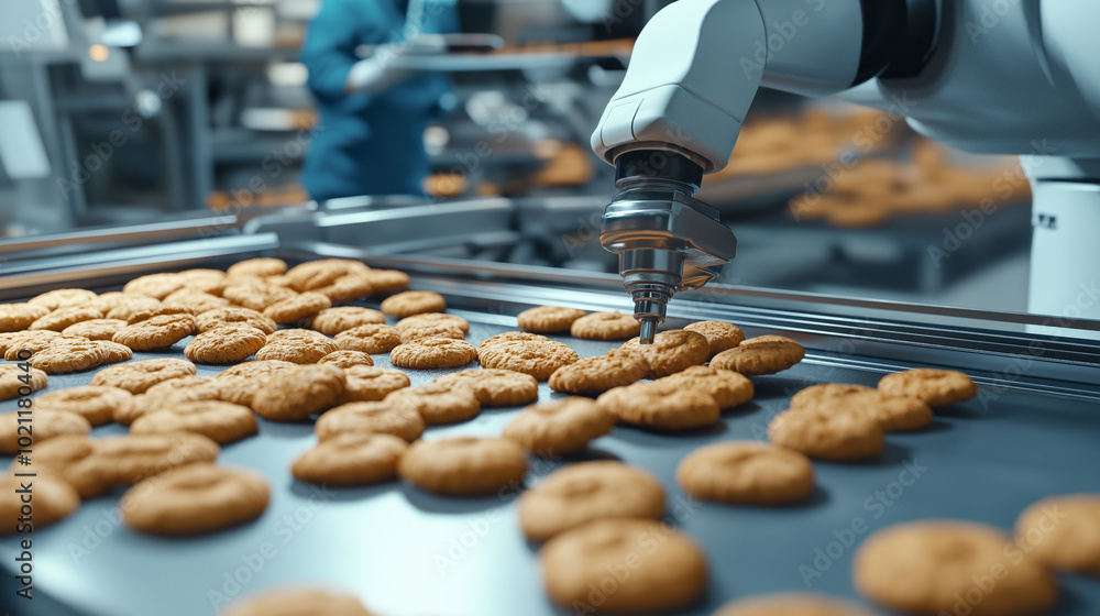 Poster 3d rendering of a robotic arm with a conveyor belt in the production department of a cookie factory 