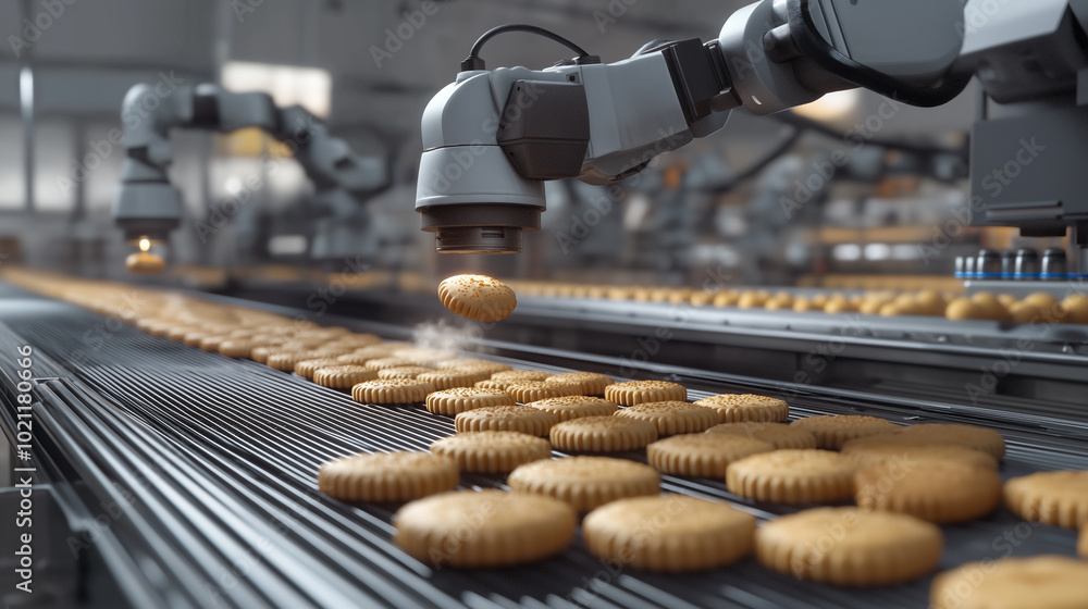 Poster 3d rendering of a robotic arm with a conveyor belt in the production department of a cookie factory 