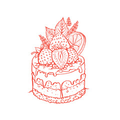 Vector hand drawn illustration of cupcake with cream, raspberry, orange and decor.
