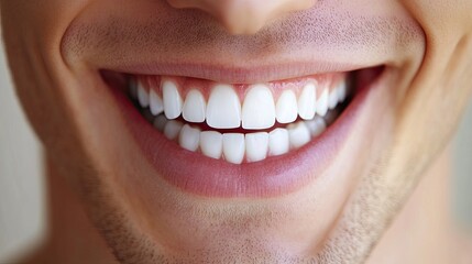 Fototapeta premium A close-up of a young man flashing a bright white smile, showcasing healthy teeth and mouth, with a clean dental care background