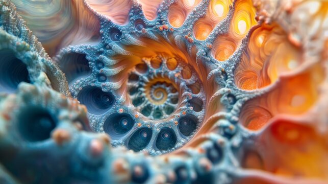 A Spiraling, Multicolored, Abstract Seashell, Captured In Hyper-Detailed Macro Photography, Displaying the Intricate Patterns and Textured Surface of a Seashell.