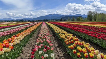 Vibrant tulip fields in full bloom beneath a picturesque mountain landscape under a bright blue sky.