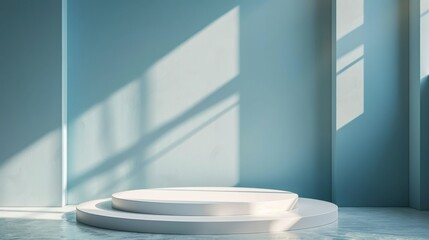 Minimalist empty stage with soft shadows and natural light, providing a clean and modern setting for product display or presentations.