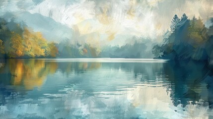 A serene lake with reflections of autumn trees and a misty sky, captured in a painterly style, evoking tranquility and nature.