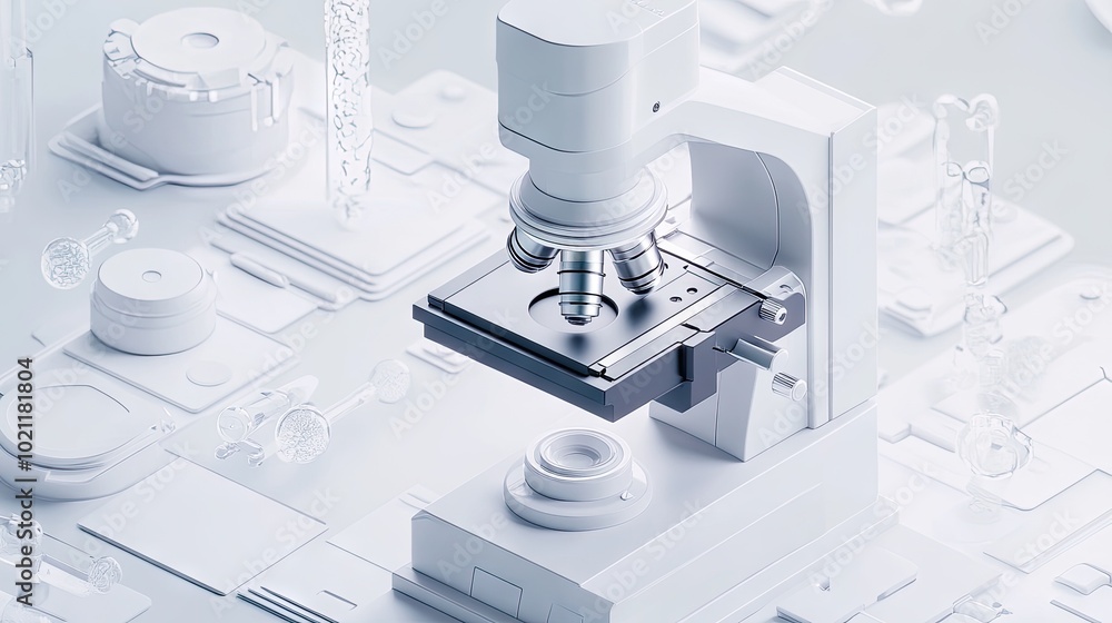 Poster a detailed view of a modern microscope set against a minimalist lab background, emphasizing precisio