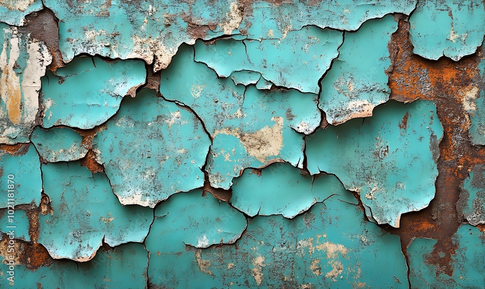 Poster An image showcasing a distressed turquoise wall with peeling paint, revealing underlying textures and rust, creating a visually intriguing pattern.