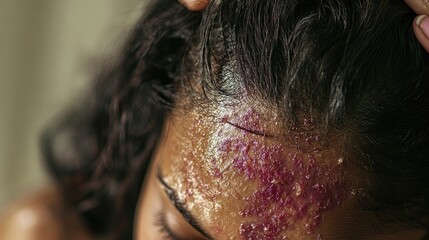 Naklejka premium A close-up view of an unrecognizable woman scalp affected by psoriasis, showcasing peeling skin and redness,