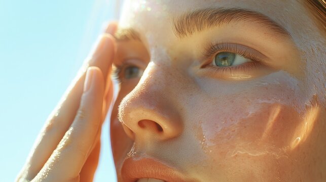 Close-up of a young Caucasian woman applying a skincare product to her face, with clear blue eyes and a serene expression.