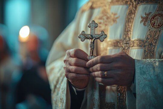 A priest holds a cross in his hands, often used as an image for religious or faith-based contexts