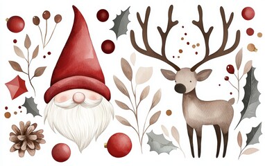 Fototapeta premium Charming watercolor holiday illustration featuring gnomes, reindeer, and Christmas decor, ideal for seasonal greeting cards, gift wrap designs, or festive branding
