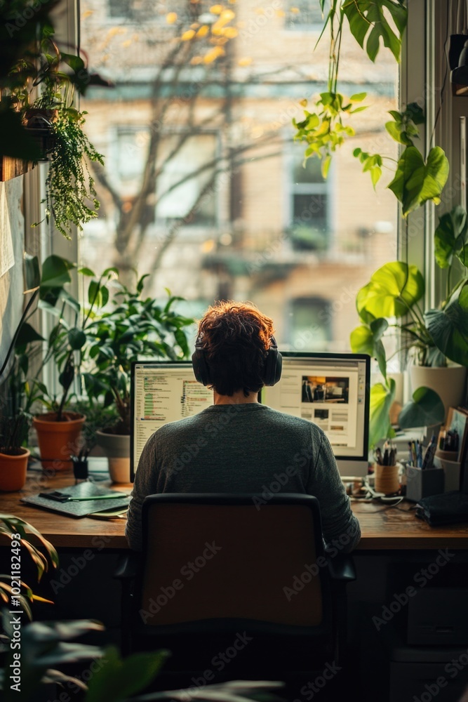 Poster A person sits at a desk in front of a computer, working or browsing